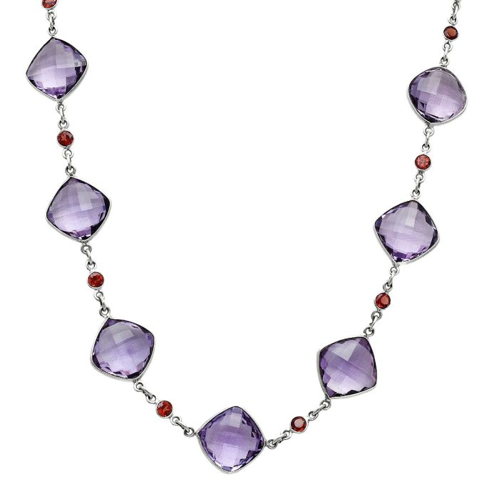 Amethyst Checker Briolette and Garnet Necklace EXN01223 N-1024, 14x14 mm