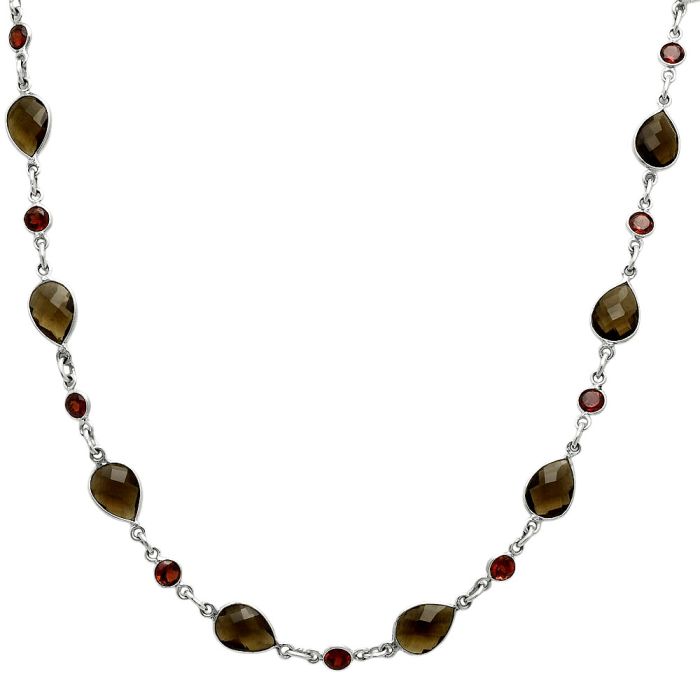 Smoky Quartz Checker Briolette and Garnet Necklace EXN01224 N-1024, 7x10 mm