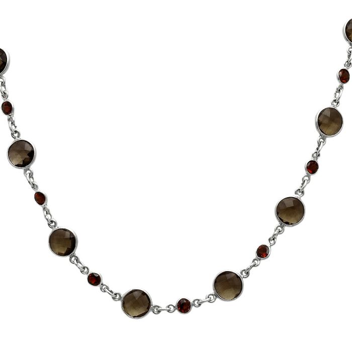 Smoky Quartz Checker Briolette and Garnet Necklace EXN01225 N-1024, 8x8 mm