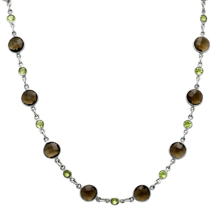 Smoky Quartz Checker Briolette and Peridot Necklace EXN01226 N-1024, 8x8 mm