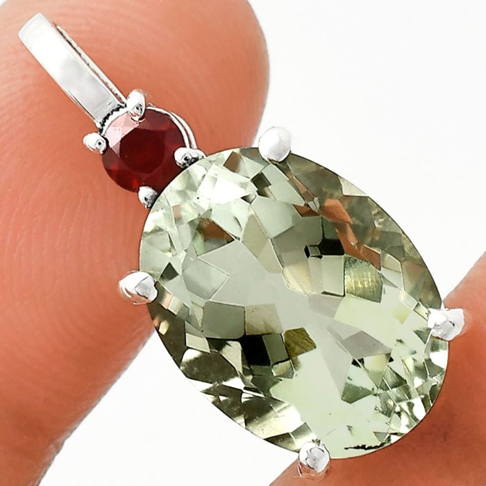 Prasiolite (Green Amethyst) and Garnet Pendant EXP01007 P-1113, 12x16 mm