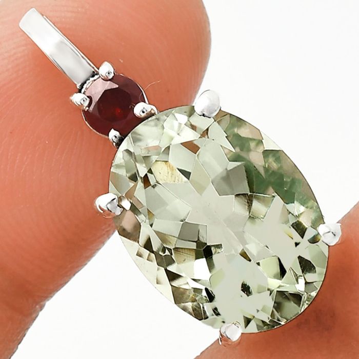 Prasiolite (Green Amethyst) and Garnet Pendant EXP01008 P-1113, 12x16 mm