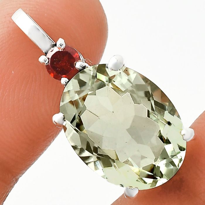 Prasiolite (Green Amethyst) and Garnet Pendant EXP01009 P-1113, 12x16 mm