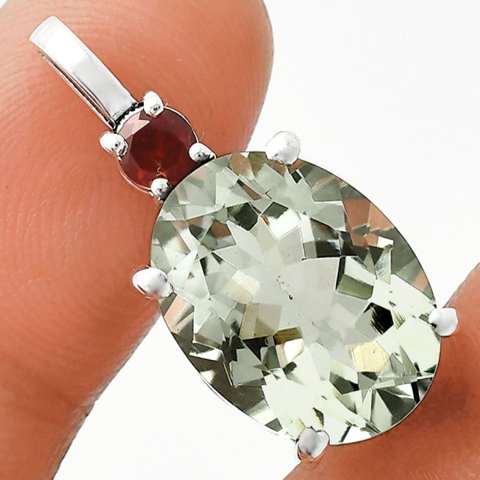 Prasiolite (Green Amethyst) and Garnet Pendant EXP01010 P-1113, 12x16 mm