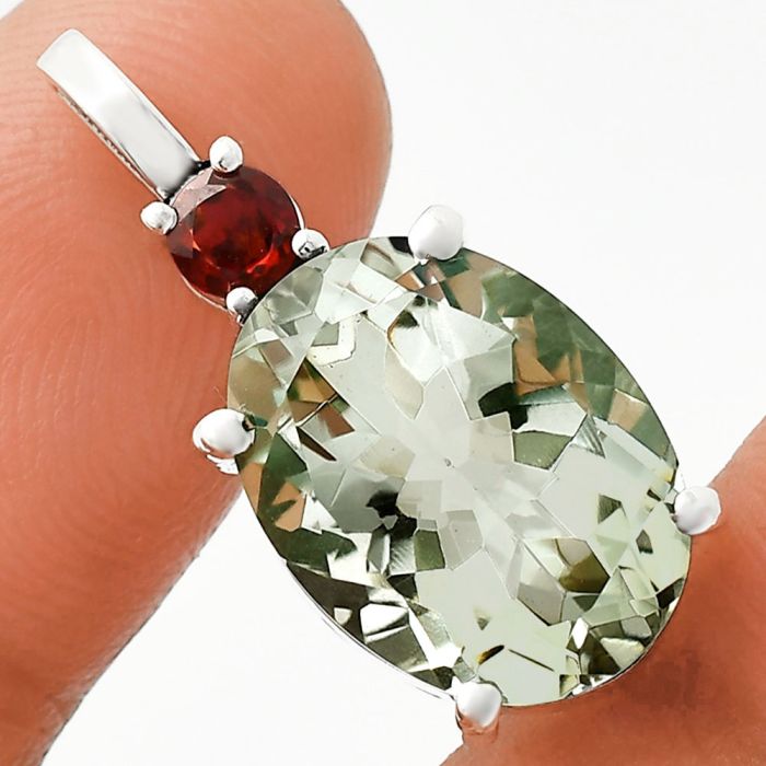 Prasiolite (Green Amethyst) and Garnet Pendant EXP01011 P-1113, 12x16 mm