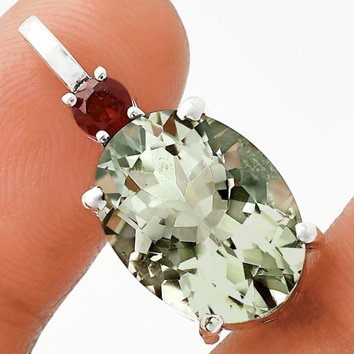 Prasiolite (Green Amethyst) and Garnet Pendant EXP01012 P-1113, 12x16 mm