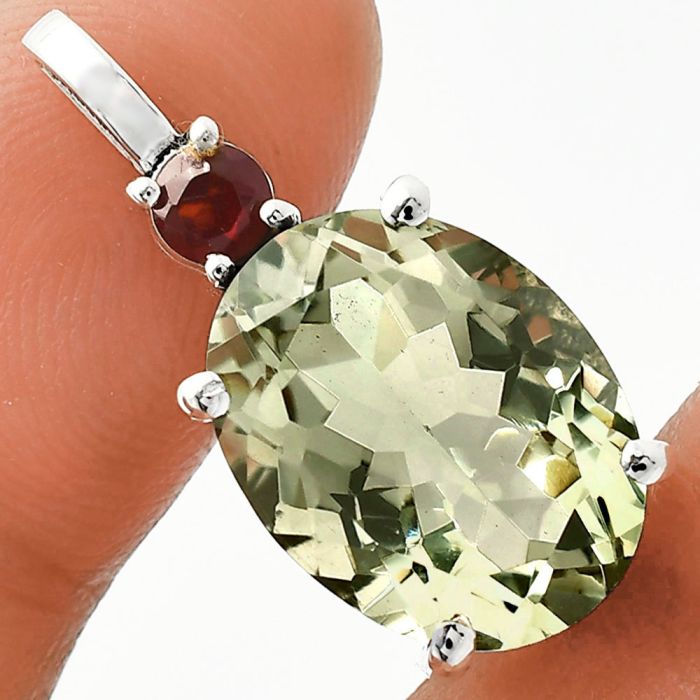 Prasiolite (Green Amethyst) and Garnet Pendant EXP01014 P-1113, 12x16 mm