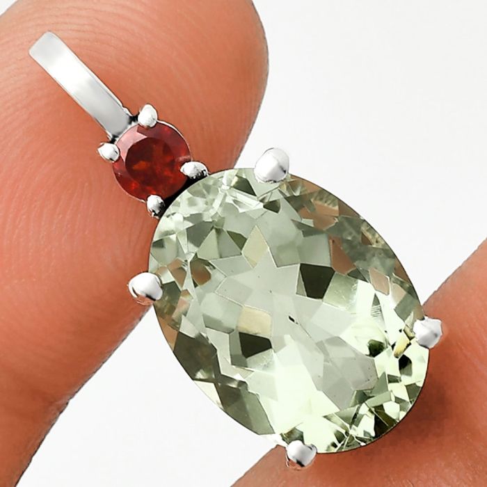 Prasiolite (Green Amethyst) and Garnet Pendant EXP01015 P-1113, 12x16 mm