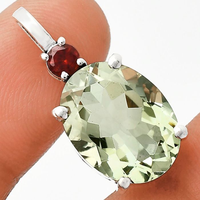 Prasiolite (Green Amethyst) and Garnet Pendant EXP01016 P-1113, 12x16 mm