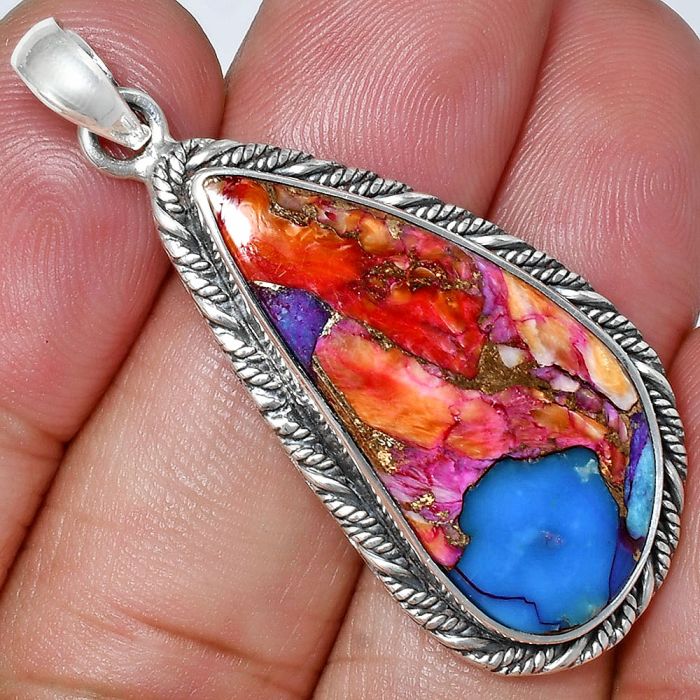 Kingman Orange Dahlia Turquoise Pendant EXP01118 P-1074, 15x31 mm