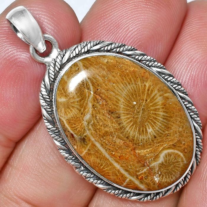 Flower Fossil Coral Pendant EXP01143 P-1074, 18x27 mm