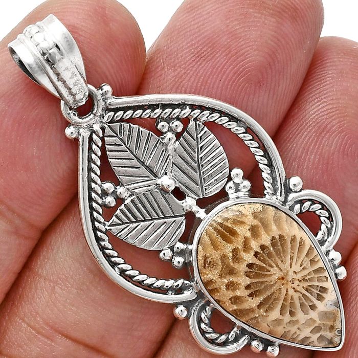 Flower Fossil Coral Pendant EXP01286 P-1258, 12x19 mm