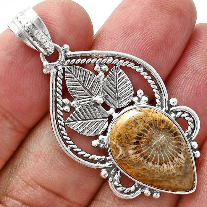 Flower Fossil Coral Pendant EXP01290 P-1258, 13x19 mm