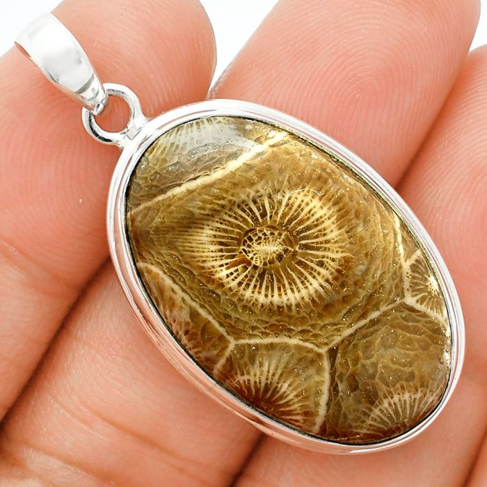 Flower Fossil Coral Pendant EXP01352 P-1124, 19x30 mm