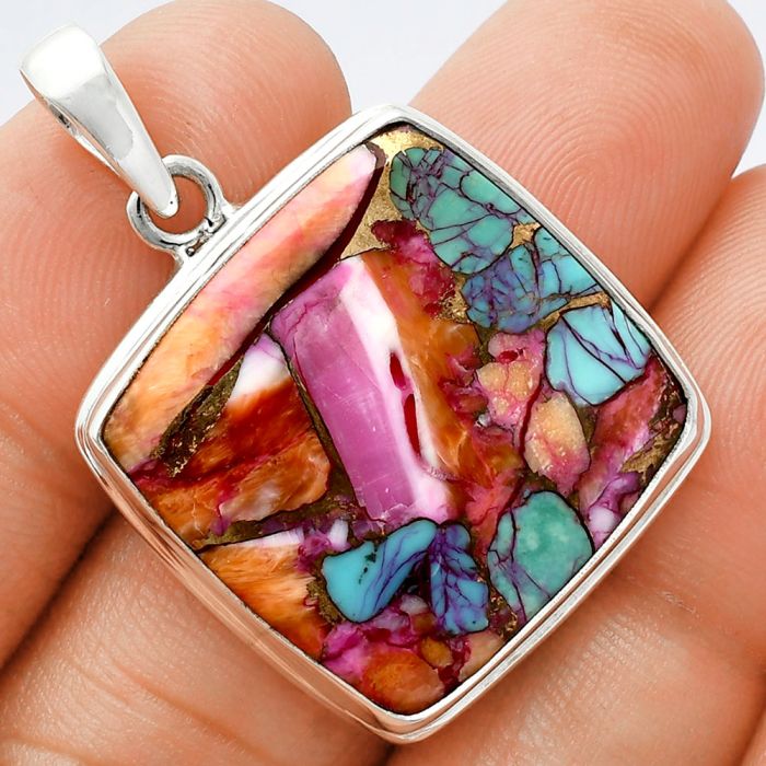 Kingman Orange Dahlia Turquoise Pendant EXP01376 P-1124, 23x23 mm