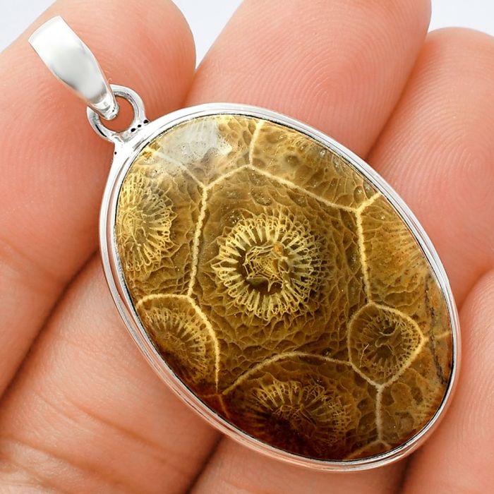 Flower Fossil Coral Pendant EXP01399 P-1124, 22x32 mm