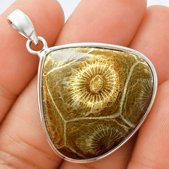 Flower Fossil Coral Pendant EXP01420 P-1124, 28x26 mm