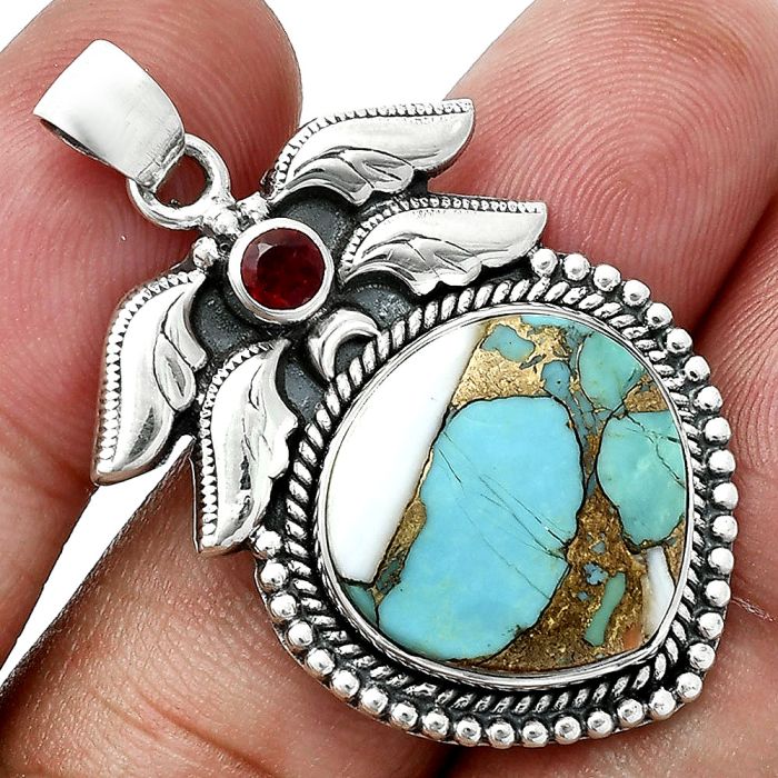 Spiny Oyster Turquoise and Garnet Pendant EXP01538 P-1740, 17x17 mm