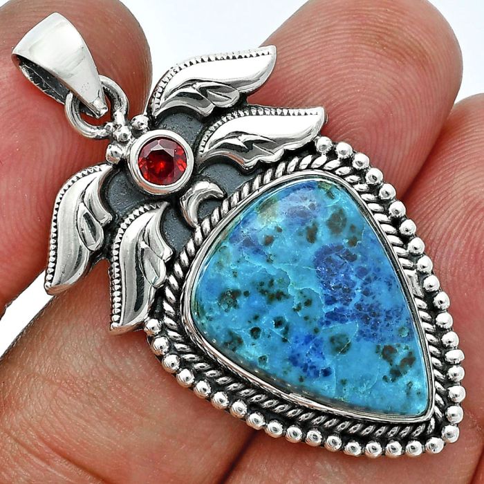 Shattuckite and Garnet Pendant EXP01540 P-1740, 15x20 mm