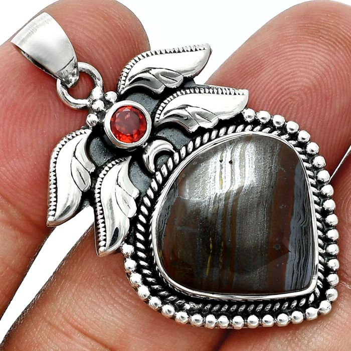 Iron Tiger Eye and Garnet Pendant EXP01541 P-1740, 17x18 mm