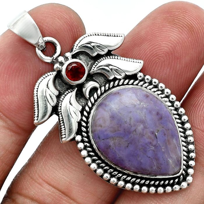 Lavender Jade and Garnet Pendant EXP01547 P-1740, 15x20 mm