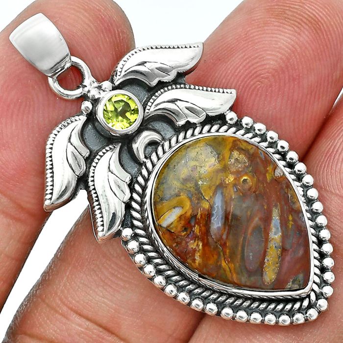 Red Palm Root Agate and Peridot Pendant EXP01551 P-1740, 15x20 mm