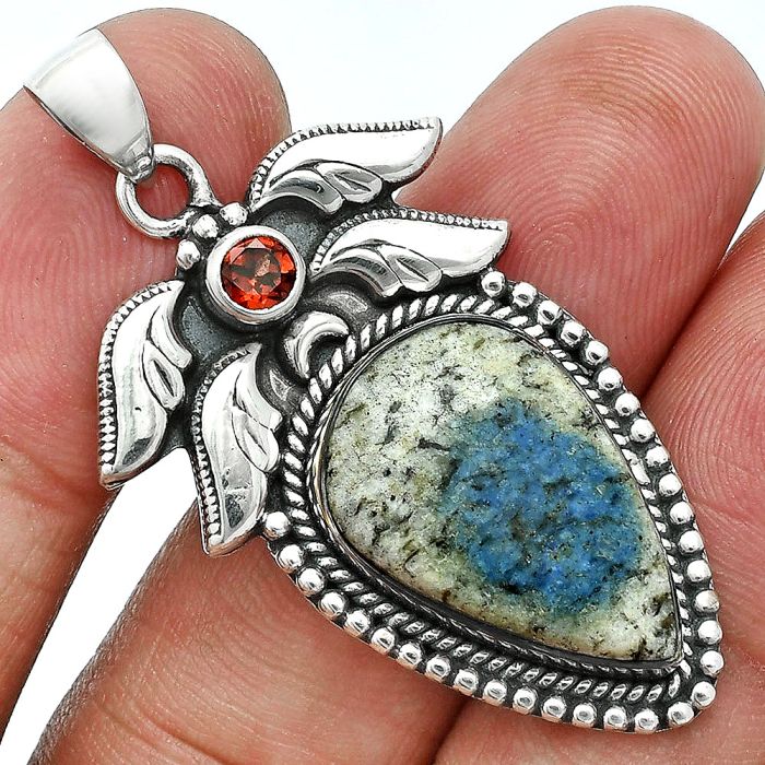 K2 Blue - Azurite In Quartz and Garnet Pendant EXP01553 P-1740, 14x20 mm