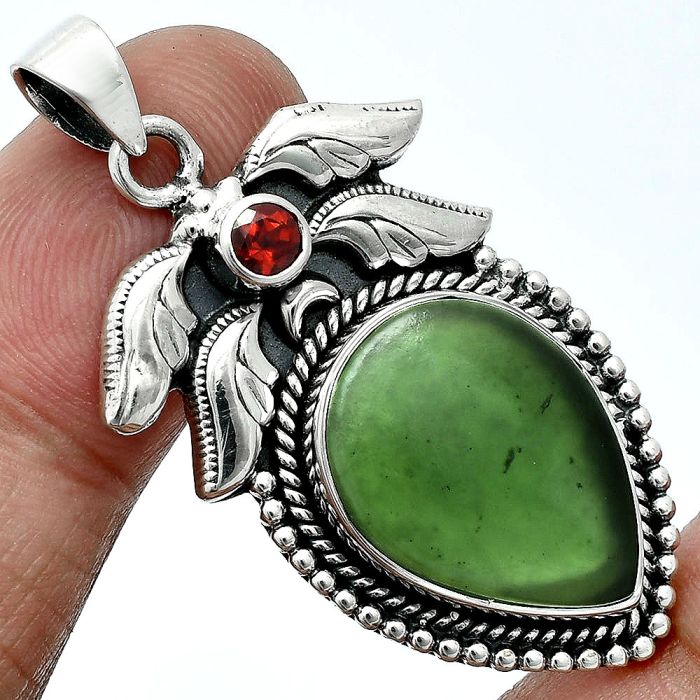 Nephrite Jade and Garnet Pendant EXP01554 P-1740, 15x20 mm