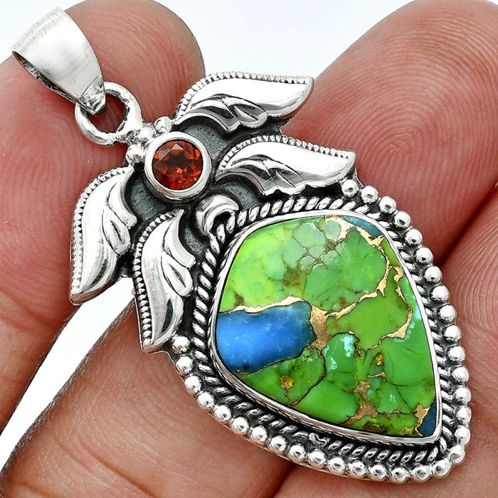 Blue Turquoise In Green Mohave and Garnet Pendant EXP01556 P-1740, 15x20 mm