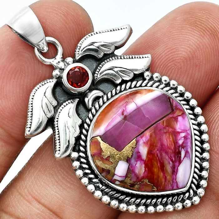 kingman Pink Dahlia Turquoise and Garnet Pendant EXP01557 P-1740, 17x18 mm