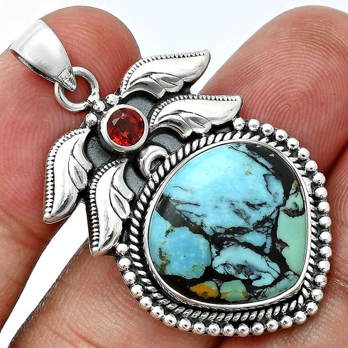 Lucky Charm Tibetan Turquoise and Garnet Pendant EXP01558 P-1740, 17x18 mm