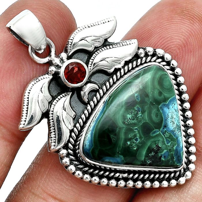 Azurite In Malachite and Garnet Pendant EXP01564 P-1740, 17x21 mm