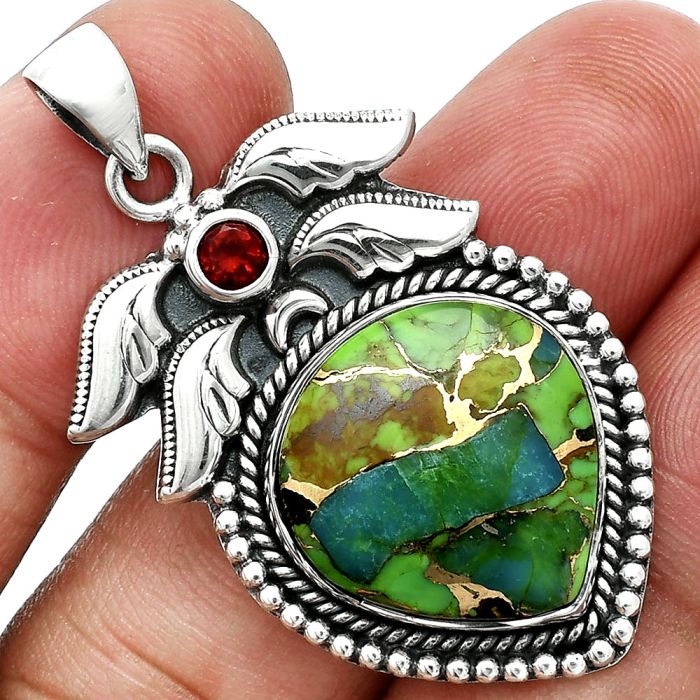 Blue Turquoise In Green Mohave and Garnet Pendant EXP01565 P-1740, 17x18 mm