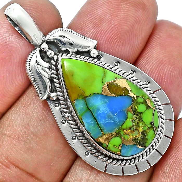 Blue Turquoise In Green Mohave Pendant EXP01579 P-1568, 14x24 mm