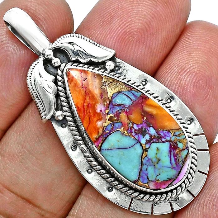 Kingman Orange Dahlia Turquoise Pendant EXP01585 P-1568, 13x26 mm