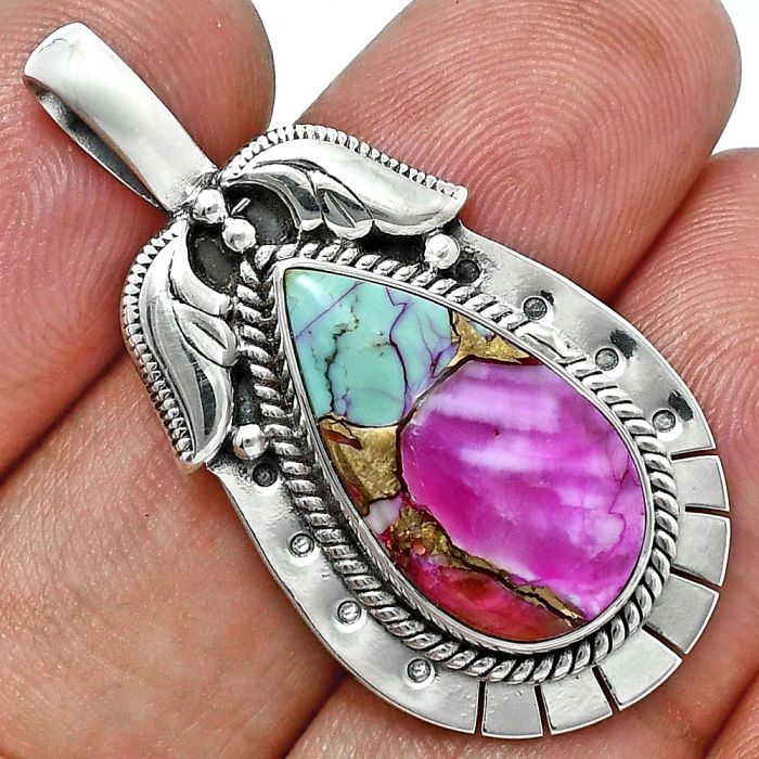 kingman Pink Dahlia Turquoise Pendant EXP01597 P-1568, 11x20 mm