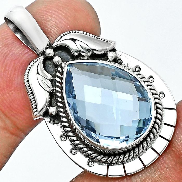 Sky Blue Topaz Checker Briolette Pendant EXP01630 P-1568, 13x18 mm