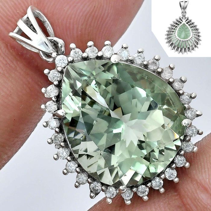 Prasiolite (Green Amethyst) and White Zircon Pendant EXP01634 P-1741, 17x20 mm