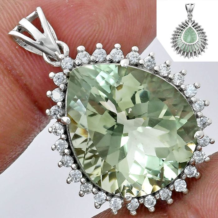 Prasiolite (Green Amethyst) and White Zircon Pendant EXP01636 P-1741, 17x20 mm