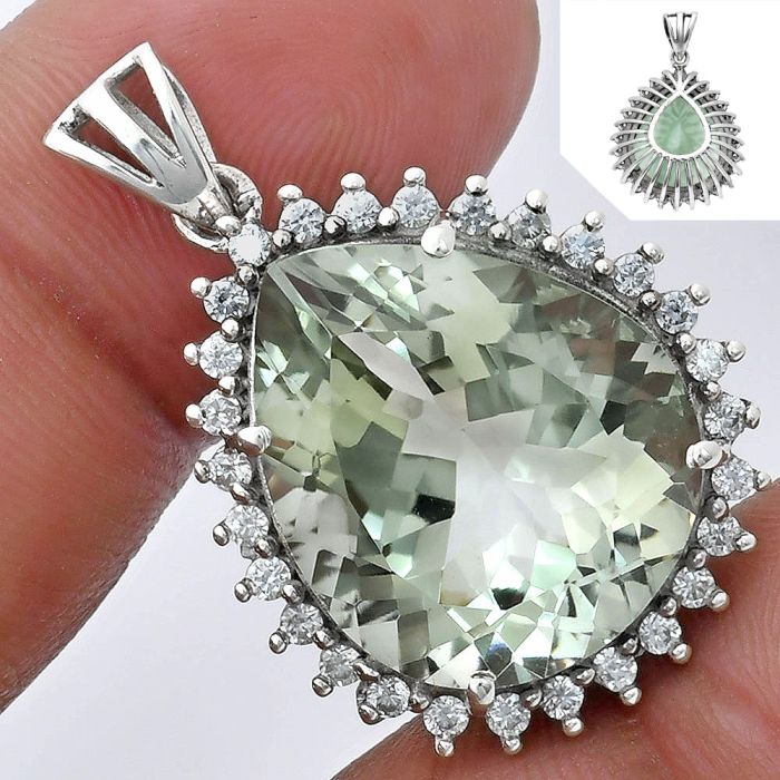 Prasiolite (Green Amethyst) and White Zircon Pendant EXP01638 P-1741, 17x20 mm