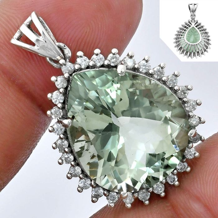 Prasiolite (Green Amethyst) and White Zircon Pendant EXP01641 P-1741, 17x20 mm