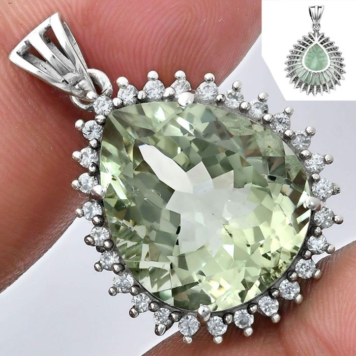 Prasiolite (Green Amethyst) and White Zircon Pendant EXP01642 P-1741, 17x20 mm