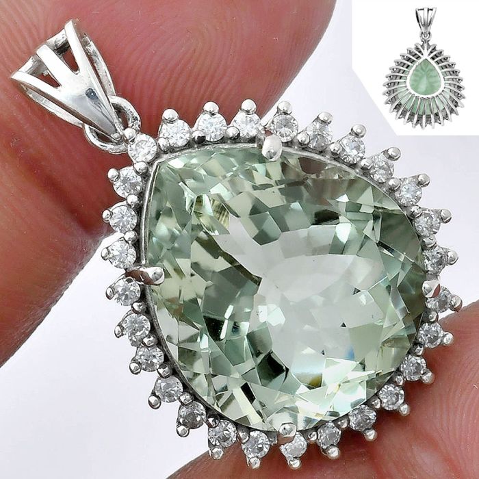 Prasiolite (Green Amethyst) and White Zircon Pendant EXP01644 P-1741, 17x20 mm