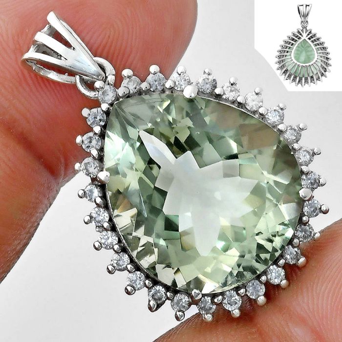 Prasiolite (Green Amethyst) and White Zircon Pendant EXP01645 P-1741, 17x20 mm