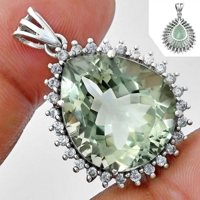 Prasiolite (Green Amethyst) and White Zircon Pendant EXP01647 P-1741, 17x20 mm