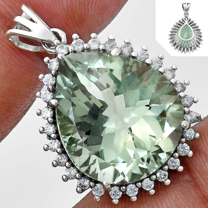 Prasiolite (Green Amethyst) and White Zircon Pendant EXP01649 P-1741, 17x20 mm