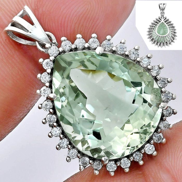 Prasiolite (Green Amethyst) and White Zircon Pendant EXP01651 P-1741, 17x20 mm