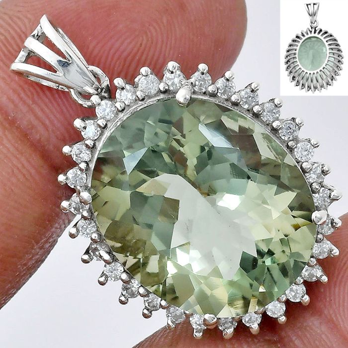 Prasiolite (Green Amethyst) and White Zircon Pendant EXP01653 P-1741, 17x20 mm