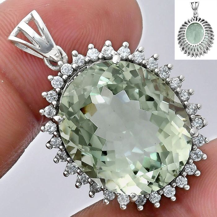 Prasiolite (Green Amethyst) and White Zircon Pendant EXP01655 P-1741, 17x20 mm