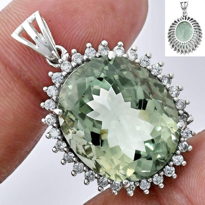 Prasiolite (Green Amethyst) and White Zircon Pendant EXP01656 P-1741, 17x20 mm